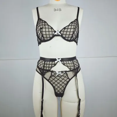 Women Fashion Bowknot Lace Embroidery Perspective Sexy Lingerie Three-Piece Set