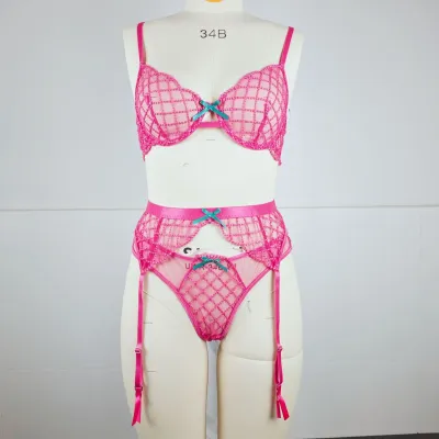 Women Fashion Bowknot Lace Embroidery Perspective Sexy Lingerie Three-Piece Set