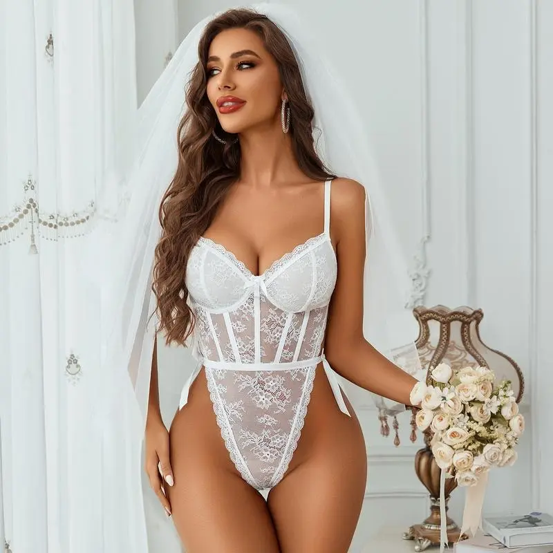Women Fashion Solid Color Floral Lace One-Piece Sexy Lingerie