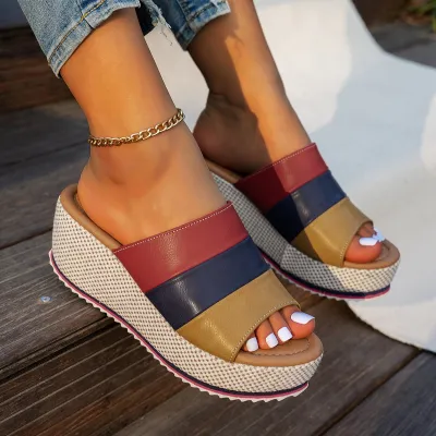 Women Fashion Casual Color-Matching PU Round Toe Thick Bottom Wedge Slippers