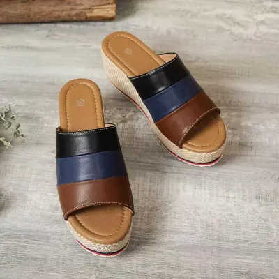 Women Fashion Casual Color-Matching PU Round Toe Thick Bottom Wedge Slippers