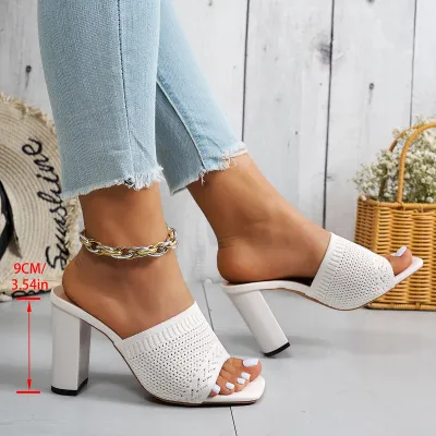 Women Casual Solid Color Flying Woven Square-Toe Thick High Heel Shoes