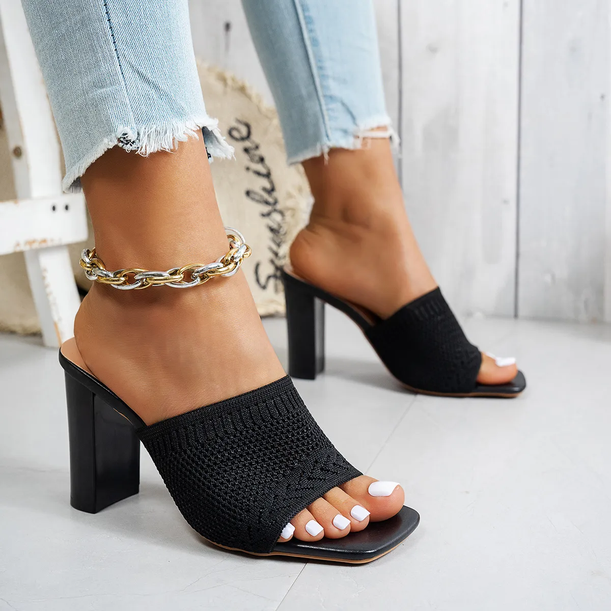 Women Casual Solid Color Flying Woven Square-Toe Thick High Heel Shoes