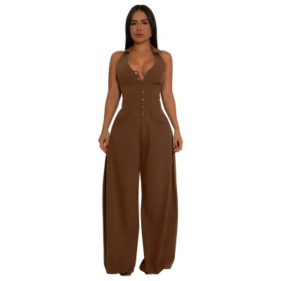 Women Fashion Casual Summer Solid Color Sleeveless Backless Pocket Jumpsuits