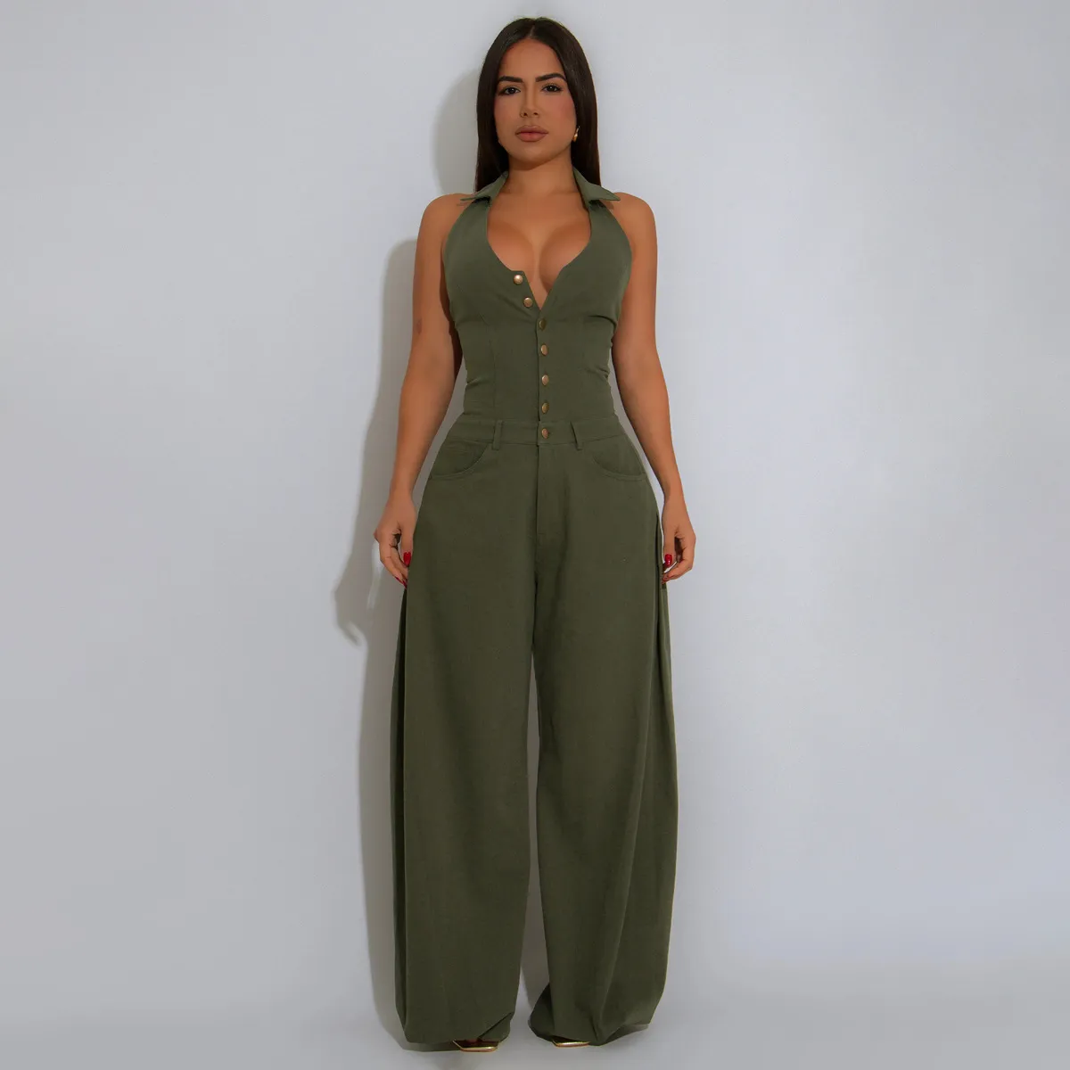 Women Fashion Casual Summer Solid Color Sleeveless Backless Pocket Jumpsuits