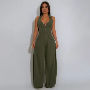 Women Fashion Casual Summer Solid Color Sleeveless Backless Pocket Jumpsuits