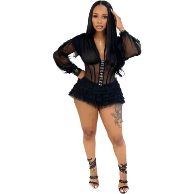 Women Fashion Sexy Summer Solid Color Mesh Stitching Long-Sleeve Ruffled Rompers