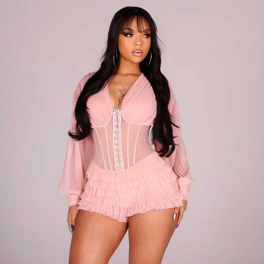 Women Fashion Sexy Summer Solid Color Mesh Stitching Long-Sleeve Ruffled Rompers