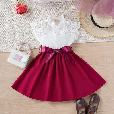 Girls Elegant Lace Splicing Sleeveless Lace-Up A-Line Dress