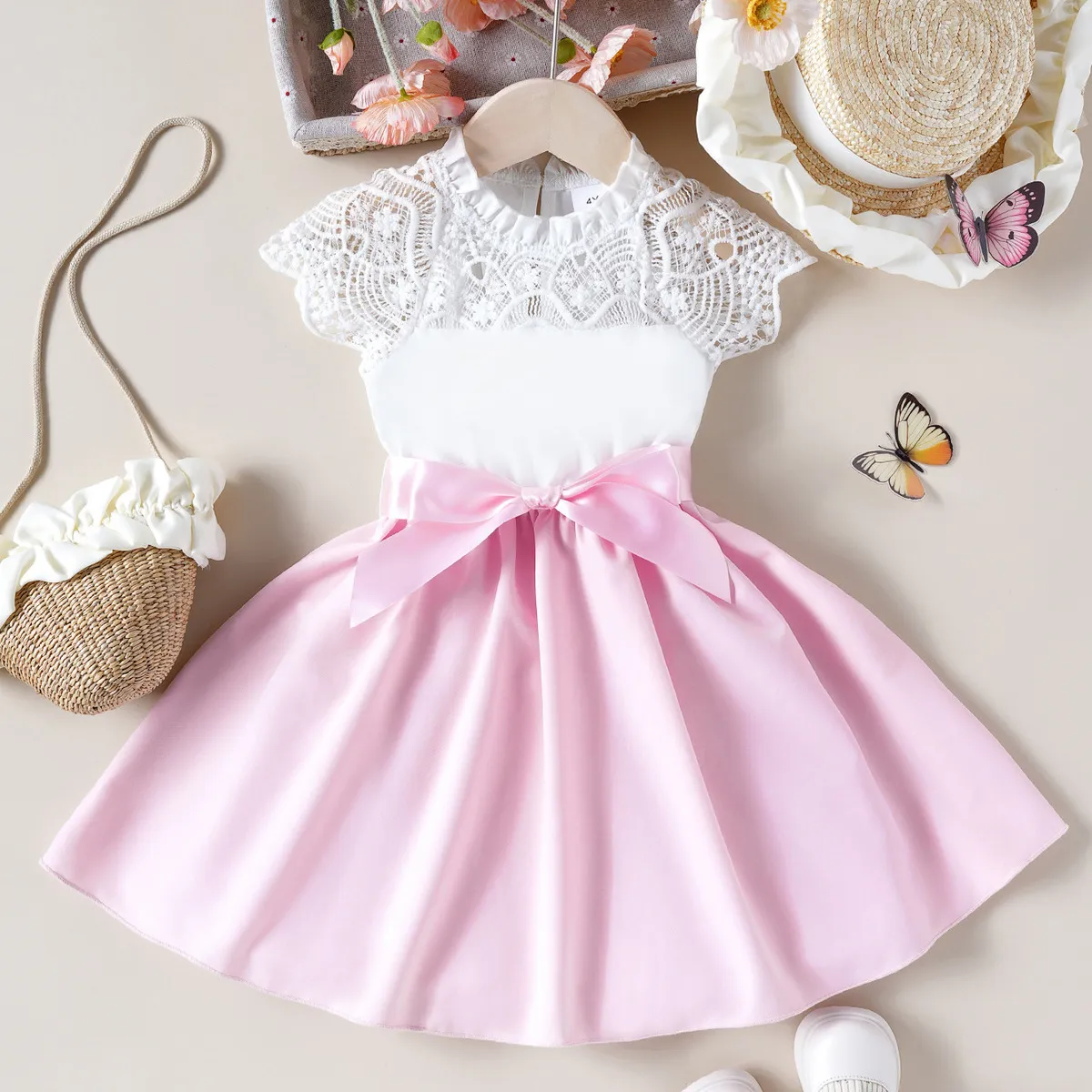 Girls Elegant Lace Splicing Sleeveless Lace-Up A-Line Dress