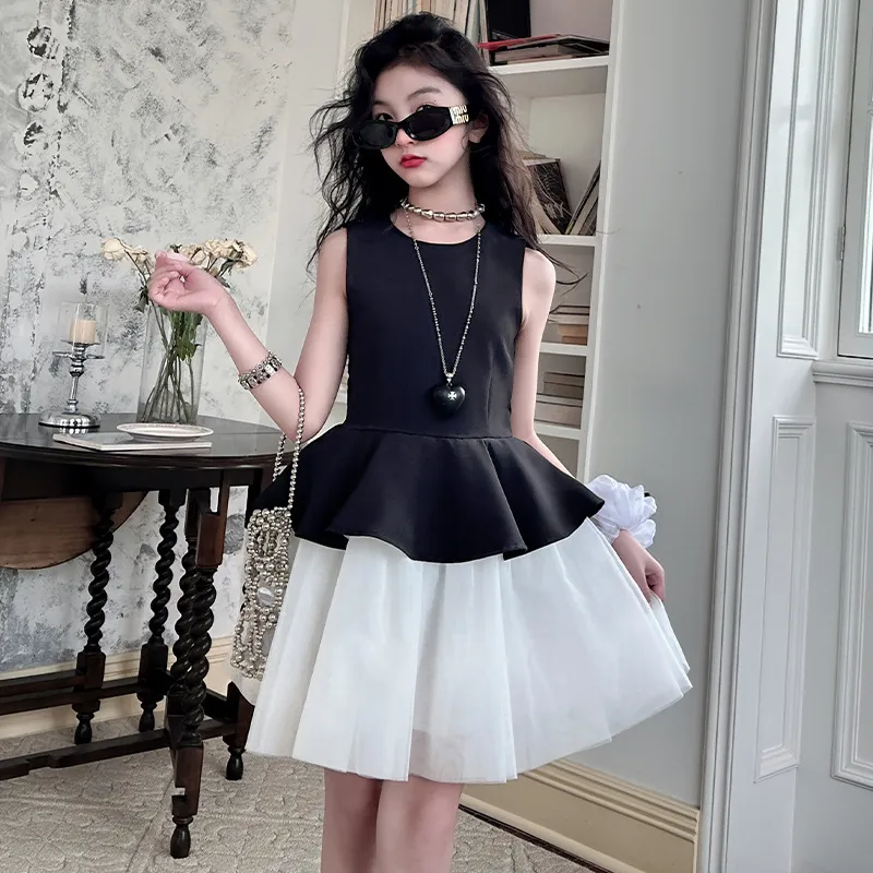 Kids Girl's Fashion Casual Summer Mesh Patching Sleeveless Dress