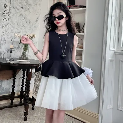 Kids Girl's Fashion Casual Summer Mesh Patching Sleeveless Dress