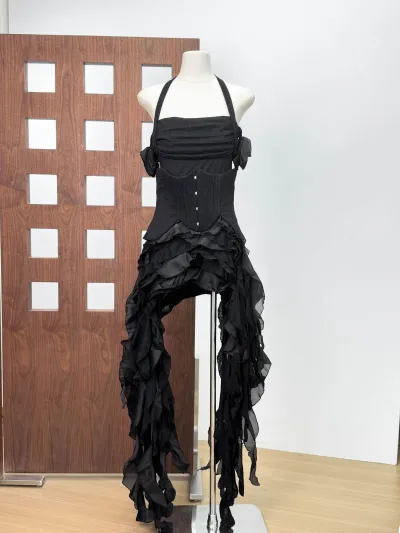 Women Fashion Sexy Elegant Summer Solid Color Irregular Halter-Neck Tassel Dress
