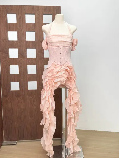 Women Fashion Sexy Elegant Summer Solid Color Irregular Halter-Neck Tassel Dress