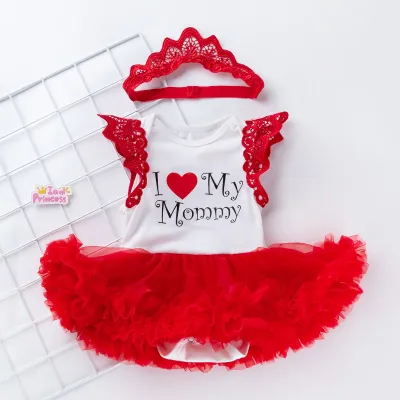 Kids Baby Girls Mother'S Day I Love Mom Printed Mesh Rompers Hairband Two-Piece Set