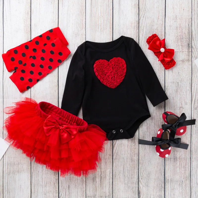 Kids Baby Girls Mother'S Day Love Printed Long Sleeve Rompers Mesh Skirt Headbands Socks Shoes 5-Piece Set