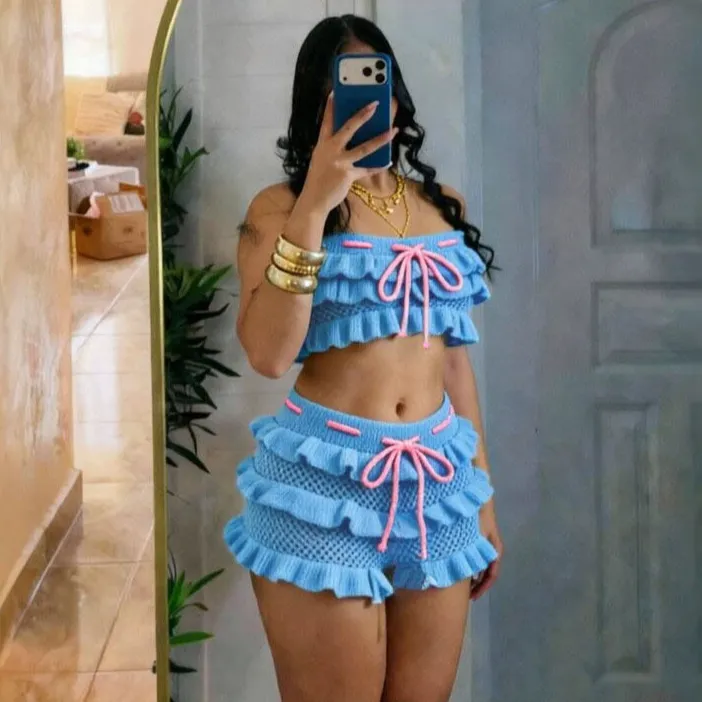 Women Fashion Sexy Summer Solid Color Knitted Ruffled Crop Top Tight Shorts Two-Piece Set