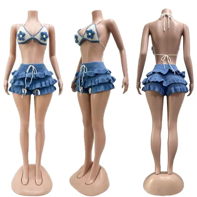 Women Fashion Sexy Summer Knitted Halter-Neck Ruffled Shorts Beach Swimsuit Two-Piece Set
