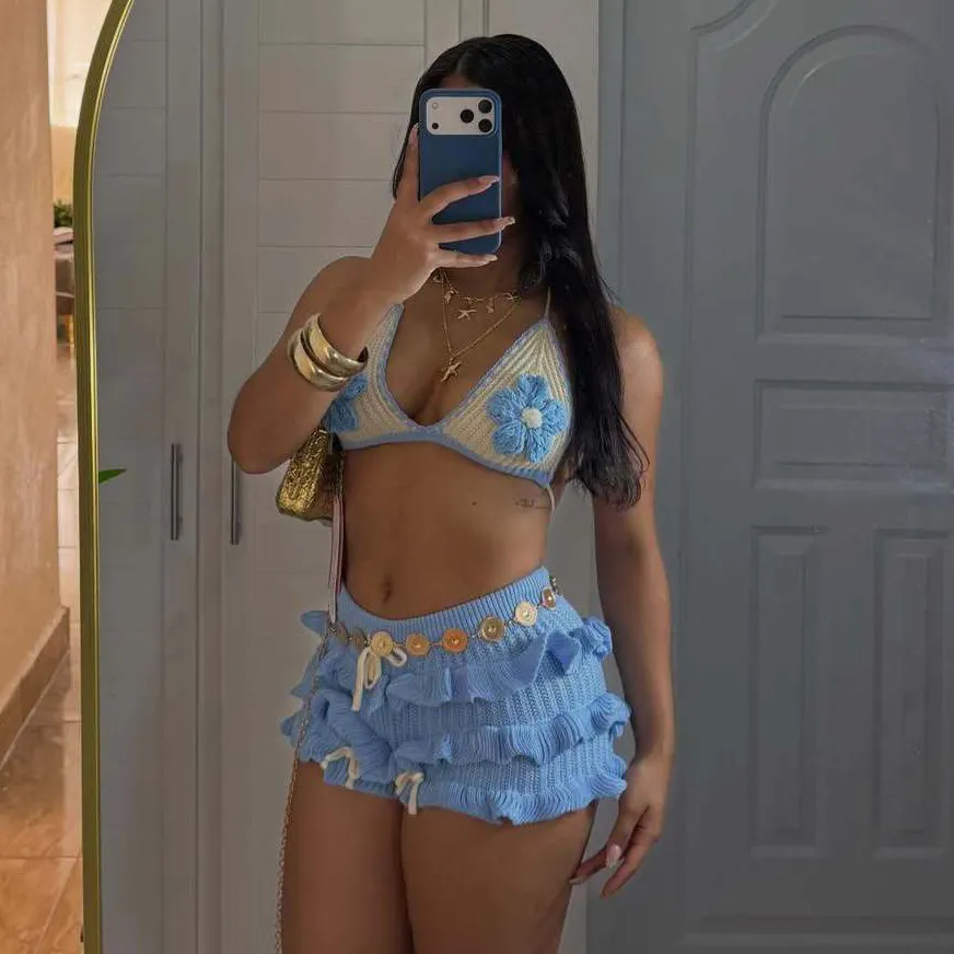 Women Fashion Sexy Summer Knitted Halter-Neck Ruffled Shorts Beach Swimsuit Two-Piece Set