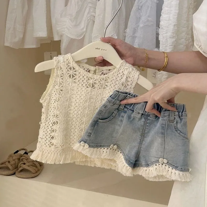 Kids Girls Fashion Casual Summer Hollow Tassel Tank Top Denim Shorts Two-Piece Set