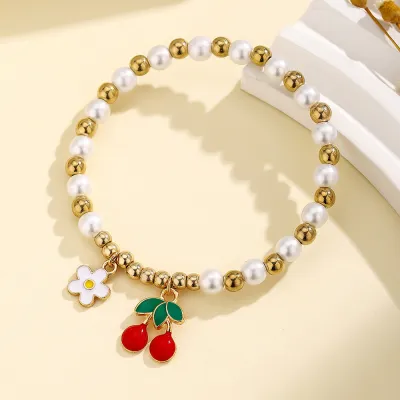 Women Fashion Fruit Series Cherry Strawberry Flower Oil Drop Pendant Beads Bracelet