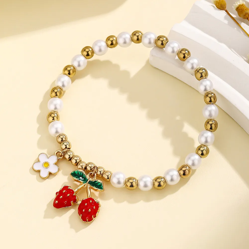 Women Fashion Fruit Series Cherry Strawberry Flower Oil Drop Pendant Beads Bracelet