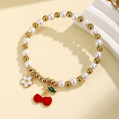 Women Fashion Fruit Series Cherry Strawberry Flower Oil Drop Pendant Beads Bracelet