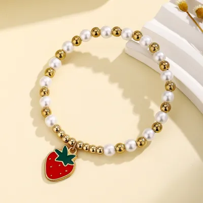 Women Fashion Fruit Series Cherry Strawberry Flower Oil Drop Pendant Beads Bracelet