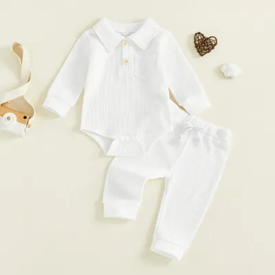 Kids Baby Boys Spring Solid Color Waffle Lapel Long-Sleeve Rompers Pants Two-Piece Set