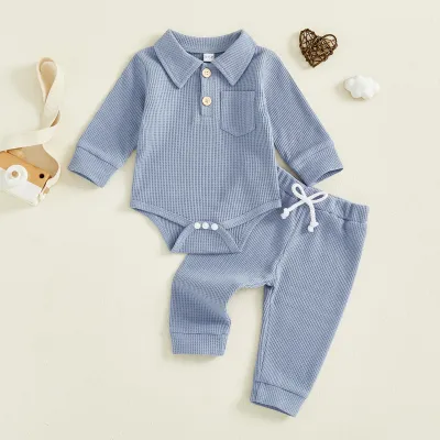 Kids Baby Boys Spring Solid Color Waffle Lapel Long-Sleeve Rompers Pants Two-Piece Set