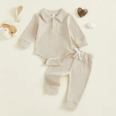 Kids Baby Boys Spring Solid Color Waffle Lapel Long-Sleeve Rompers Pants Two-Piece Set