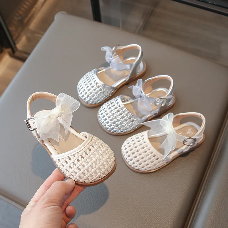 Kids Girls Fashion Casual Solid Color Woven Breathable Bowknot Polka Dot Beach Sandals