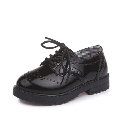 Kids Boys Fashion Black White Color Blocking Round-Toe Lace-Up PU Leather Shoes