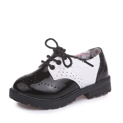 Kids Boys Fashion Black White Color Blocking Round-Toe Lace-Up PU Leather Shoes