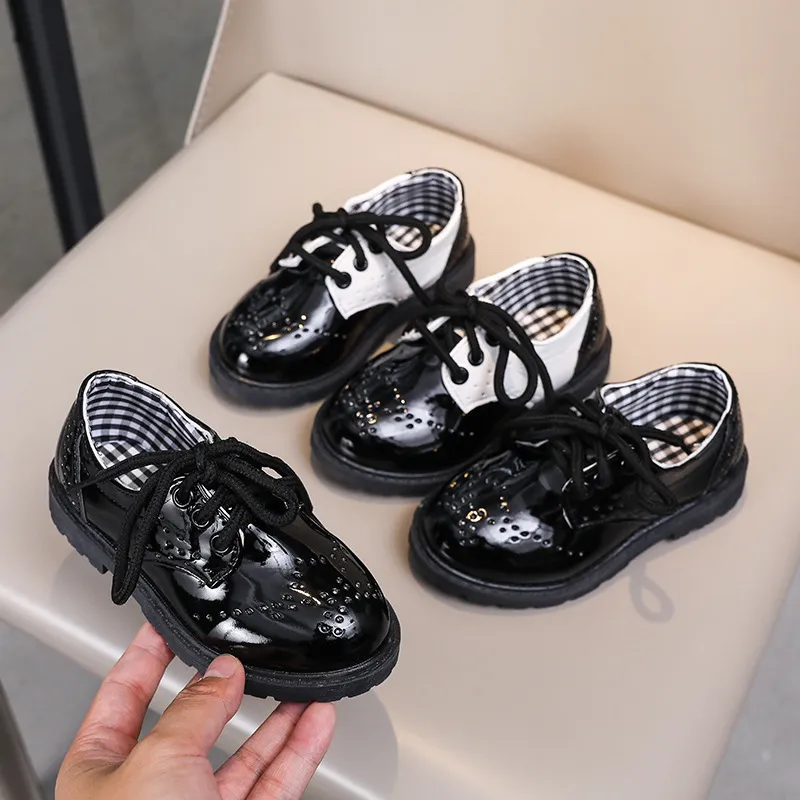 Kids Boys Fashion Black White Color Blocking Round-Toe Lace-Up PU Leather Shoes