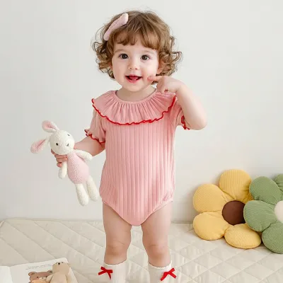 Kids Baby Girls Fashion Cute Summer Solid Color Lace Collar Short-Sleeve Rompers