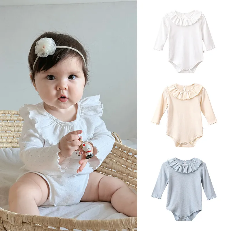 Kids Baby Girls Fashion Casual Spring Solid Color Lapel Long-Sleeve Cotton Rompers