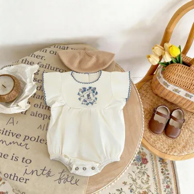Kids Baby Girl Fashion Casual Summer Thin Cotton Embroidered Bubble Short Sleeve Rompers