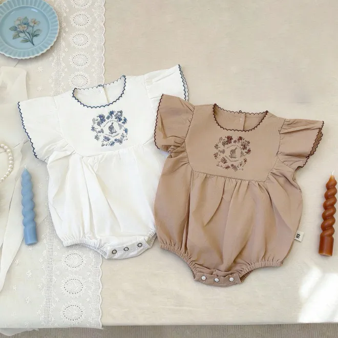 Kids Baby Girl Fashion Casual Summer Thin Cotton Embroidered Bubble Short Sleeve Rompers