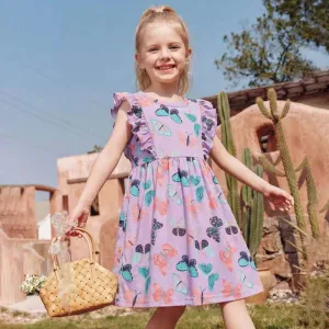 Kids Girls Fashion Casual Summer Cartoon Butterfly Print Round Neck Sleeveless Cotton Dress A-Line