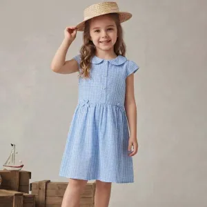 Kids Girls Fashion Causal Summer Plaid Lapel Lace Short Sleeve Dress Cotton Woven