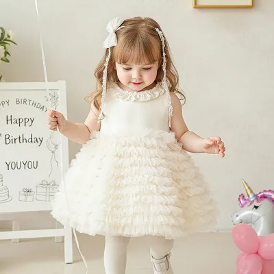 Kids Girl's Elegant Summer Solid Color Mesh Puff Sleeveless Dress Cotton Blend