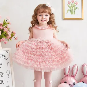 Kids Girl's Elegant Summer Solid Color Mesh Puff Sleeveless Dress Cotton Blend