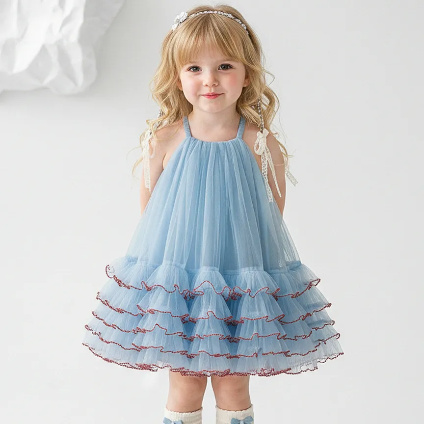 Kids Girls Fashion Elegant Summer Mesh Ruffled Spaghetti Strap Dress