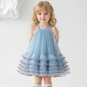 Kids Girls Fashion Elegant Summer Mesh Ruffled Spaghetti Strap Dress