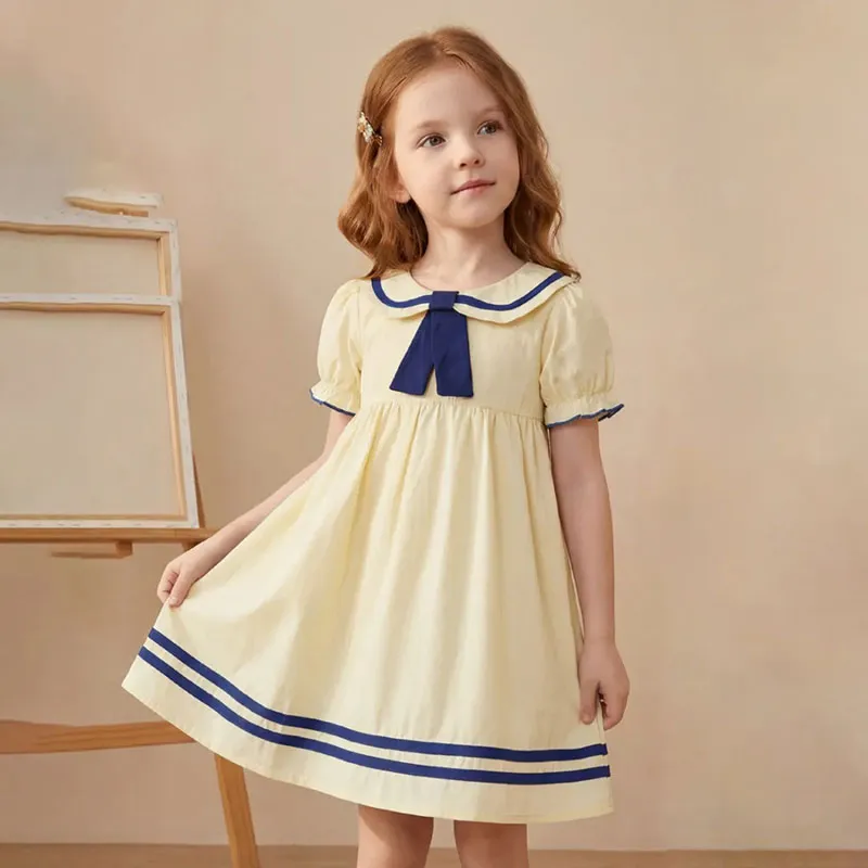 Kids Girls Fashion Casual Summer School Style Lapel Tie Short-Sleeve Cotton Dress