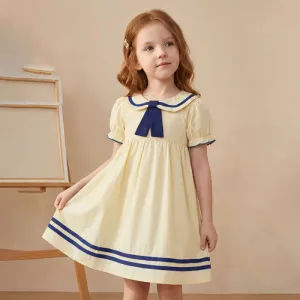 Kids Girls Fashion Casual Summer School Style Lapel Tie Short-Sleeve Cotton Dress