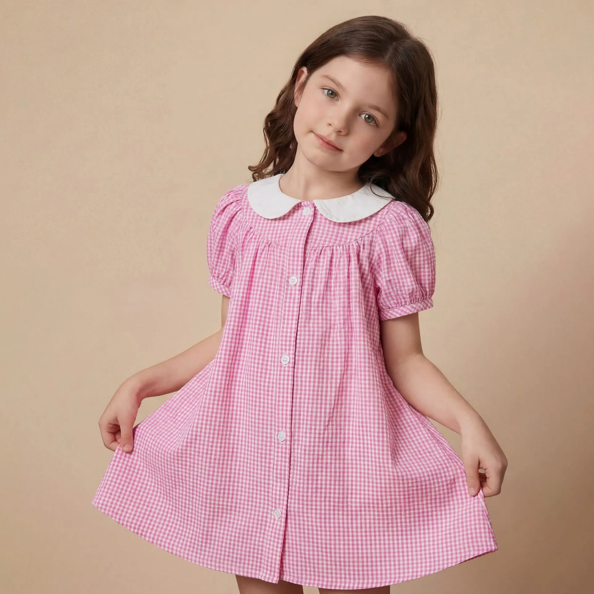 Kids Girls Fashion Casual Summer Plaid Lapel Short Sleeve A-Line Dress