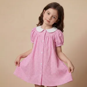 Kids Girls Fashion Casual Summer Plaid Lapel Short Sleeve A-Line Dress