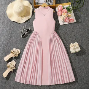 Kids Girl's Fashion Elegant Summer Solid Color Pleated Stitching Sleeveless A-Line Dress
